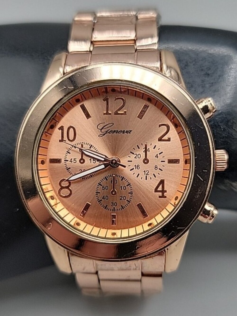 Geneva Ladies Boyfriend Watch Chic Rose Gold Tone 7.5" Band 37mm Chronograph